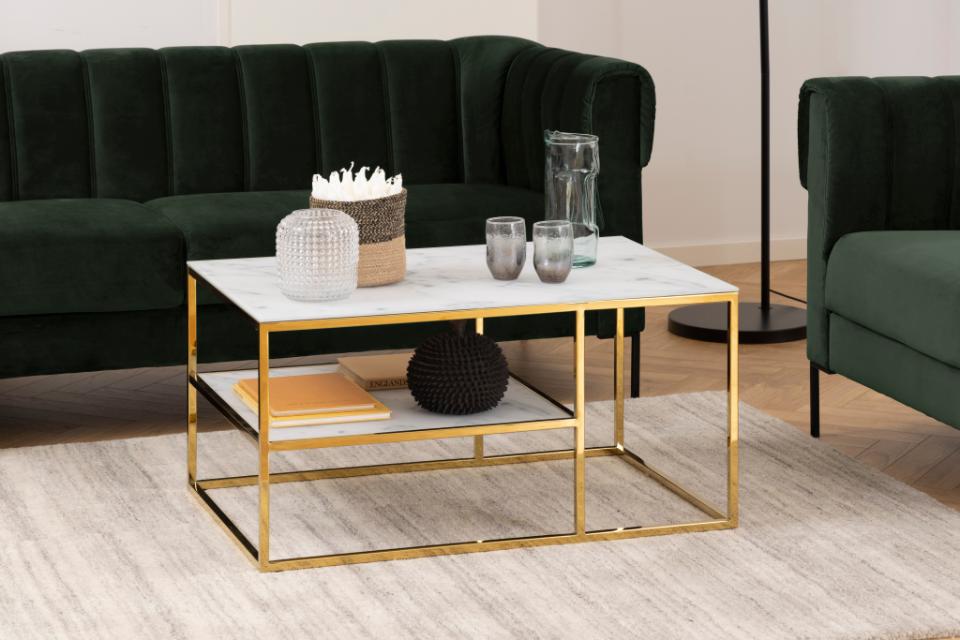 verdrievoudigen Vooruitzicht twist rechthoekige Alisma salontafel in goudkleur met marmerlook kopen |  aktiewonen.nl