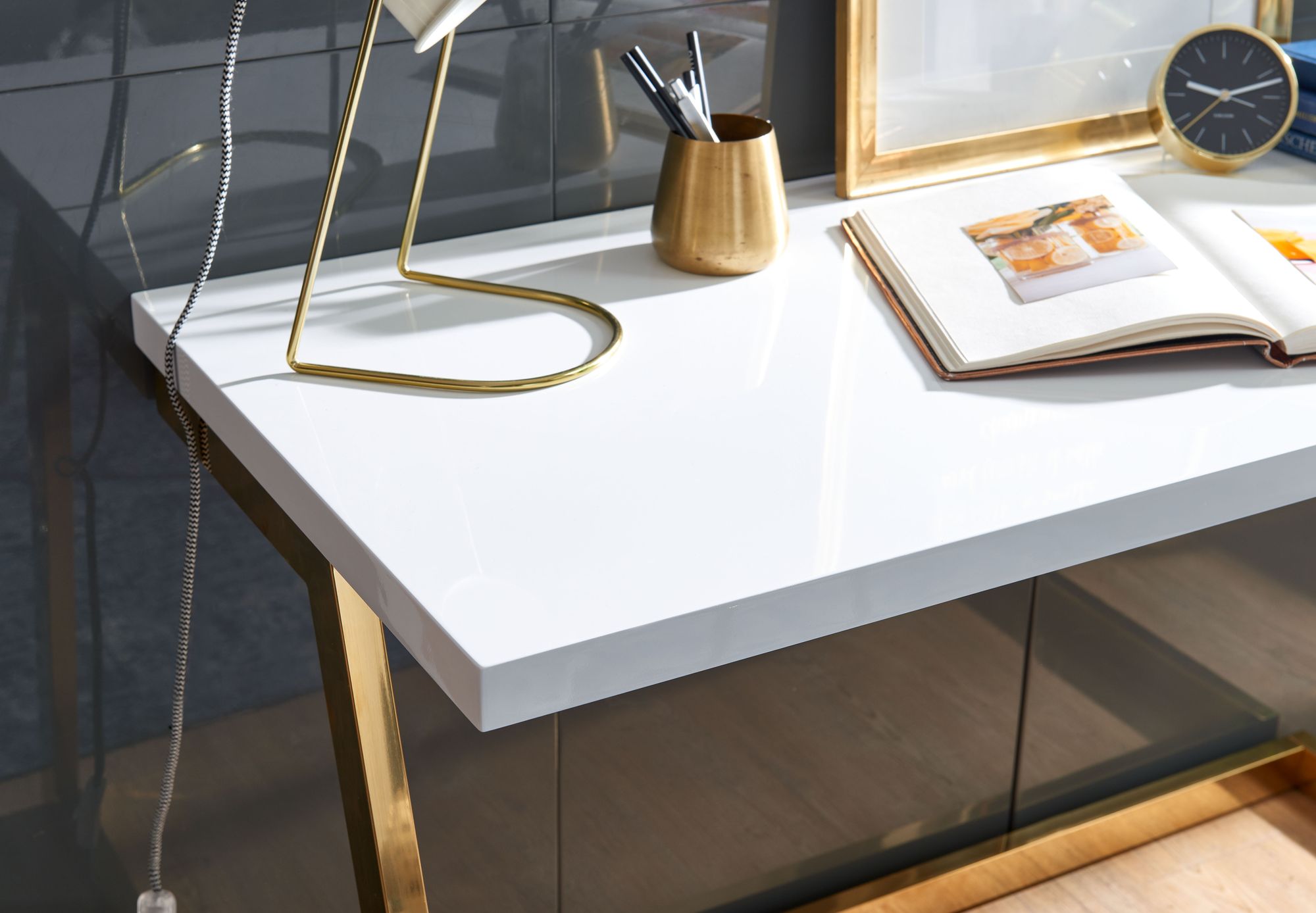 bureau hoogglans wit goud 120 cm
