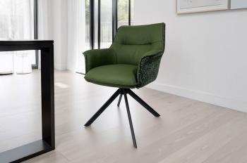 Luxe Eetkamerstoel groen Echt leder met stof draaibaar
