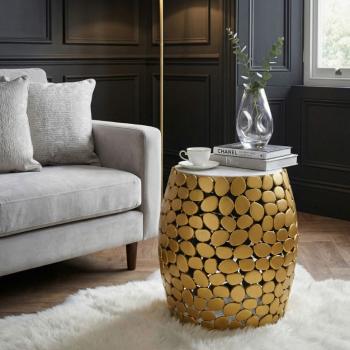 Bijzettafel goudkleurig met wit marmer 40 cm