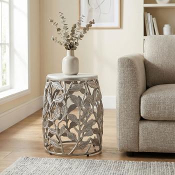 Bijzettafel leaf zilver met wit marmer 40 cm