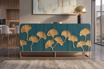 dressoir turquoise mangohout gouden ginkgo accenten 160 cm