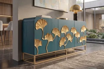 dressoir turquoise mangohout gouden ginkgo accenten 160 cm