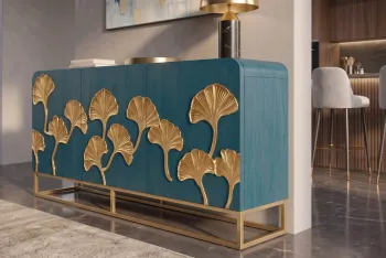 dressoir turquoise mangohout gouden ginkgo accenten 160 cm