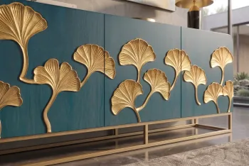 dressoir turquoise mangohout gouden ginkgo accenten 160 cm