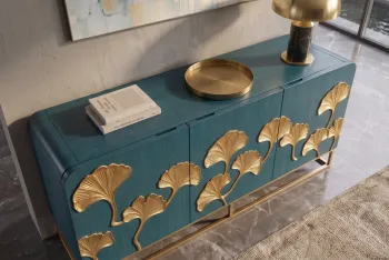 dressoir turquoise mangohout gouden ginkgo accenten 160 cm