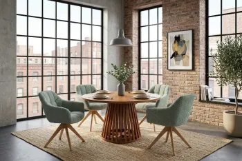 Draaibare stoel groen bouclé houten poten