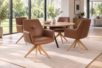 draaibare eetkamerstoel cognac leder met houten poten