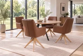 draaibare eetkamerstoel cognac leder met houten poten