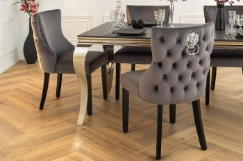 Deluxe stoel grijs fluweel met leeuwenkop zwarte poten