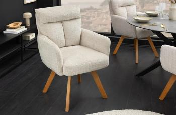 Eetkamerstoel champagne bekleding houten poten draaibaar