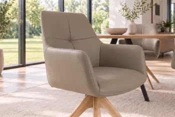 draaibare eetkamerstoel taupe leder met houten poten