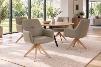 draaibare eetkamerstoel taupe leder met houten poten