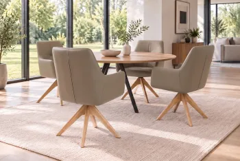 draaibare eetkamerstoel taupe leder met houten poten