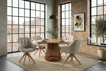 draaibare stoel beige velvet houten poten