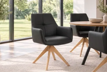 draaibare eetkamerstoel zwart leder met houten poten