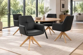 draaibare eetkamerstoel zwart leder met houten poten