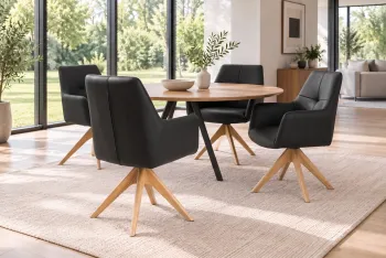 draaibare eetkamerstoel zwart leder met houten poten