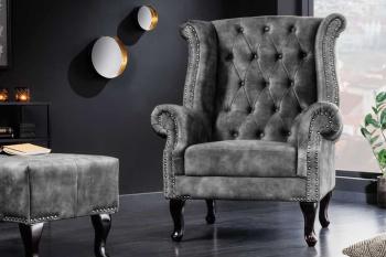 Oor fauteuil grijs fluweel chesterfield look