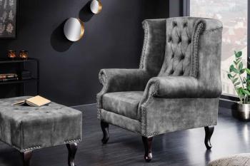 Oor fauteuil grijs fluweel chesterfield look