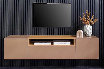 Zwevend tv-meubel beigegrijs met eiken 160 cm