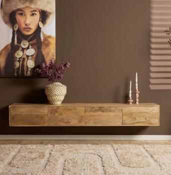 Zwevend tv meubel naturel bruin mangohout 200 cm