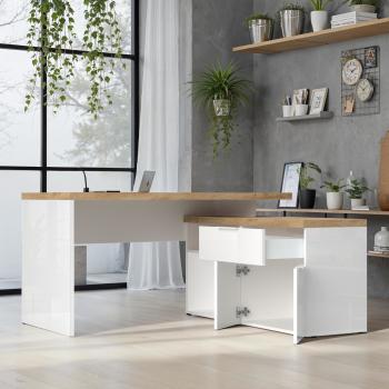hoekbureau wit hoogglans met eiken cadiz140x130 cm