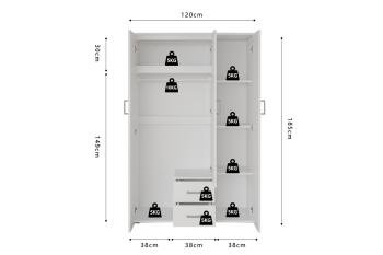 kledingkast wit met spiegel 120 cm 3 deuren 2 laden
