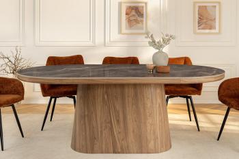 ovale eettafel walnoot grijs marmerlook tafelblad keramiek 200 cm