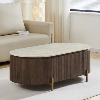 ovale salontafel walnoot en travertin look 130 cm