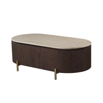 ovale salontafel walnoot en travertin look 130 cm
