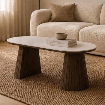 ovale salontafel walnoot keramiek wit 120 cm