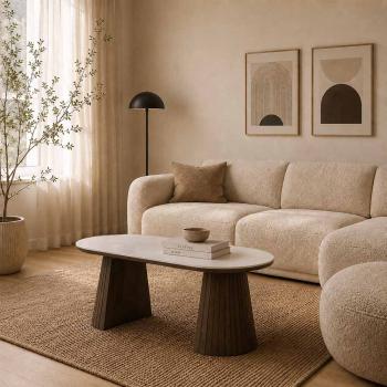 ovale salontafel walnoot keramiek wit 120 cm