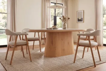 Ovale tafel travertin keramiek eiken fineer 200 cm