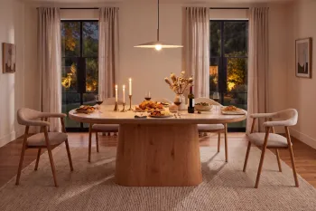 Ovale tafel travertin keramiek eiken fineer 200 cm