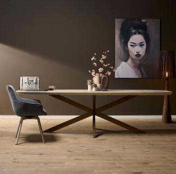 Ovale eetkamertafel mangohout zandbeige brons onderstel 280 cm