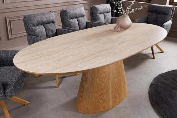 Ovale uitschuifbare tafel eiken keramiek travertin 160-200 cm