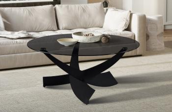 Design salontafel grijs glas 90 cm zwart onderstel