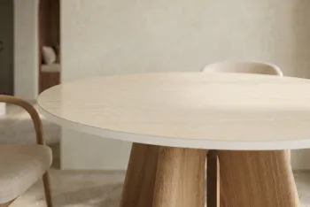 ronde eettafel eiken met travertin keramiek 120 cm