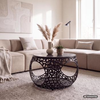 ronde metalen salontafel zwart marmer 60cm