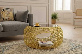 Ronde Salontafel metaal goud met zwart glas 74 cm