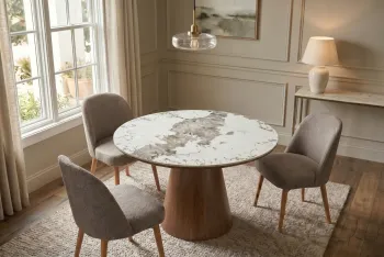ronde tafel donkerbruin eiken met pandora keramiek tafelblad 120 cm