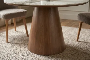 ronde tafel donkerbruin eiken met pandora keramiek tafelblad 120 cm
