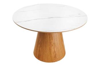 Ronde tafel eiken zuil wit keramiek marmer look 120cm
