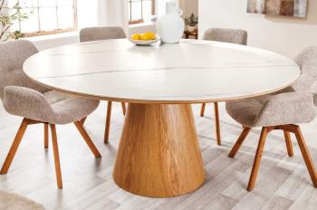 Ronde tafel eiken zuil wit keramiek marmer look 120cm