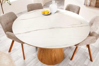 Ronde tafel eiken zuil wit keramiek marmer look 120cm