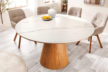 Ronde tafel eiken zuil wit keramiek marmer look 120cm