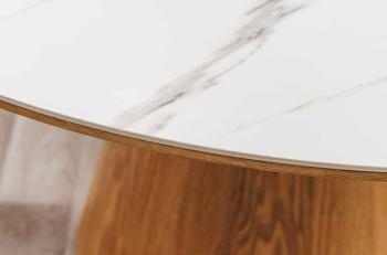 Ronde tafel eiken zuil wit keramiek marmer look 120cm