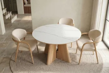 ronde tafel eiken met wit marmerlook keramiek 120 cm
