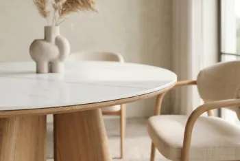 ronde tafel eiken met wit marmerlook keramiek 120 cm